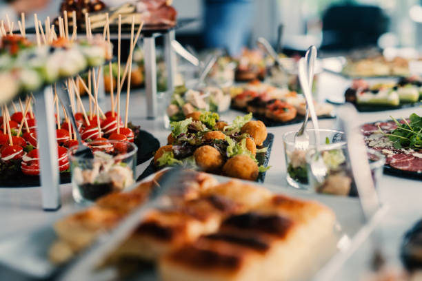 Table decoration of beautiful tasty food on celebration day.